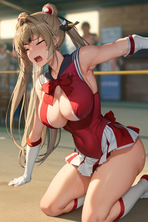 masterpiece, best quality, beautiful art, high resolution, well formed hands, body and fingers, 1 woman, solo, Sento Isuzu, blonde, pigtails, big breasted, cleavage, full body, gorgeous legs and thighs, sexy sailor senshi uniform, sailor collar, long elbow gloves, skirt lifted by the wind, white leotard peeking , ryona , in peril, she is being beaten up by her opponent, she is slapped in the face, being knocked down and slammed against the floor, receiving the impact of her opponent's attacks, closed eyes, screaming in pain and agony, ryona and perilous scene, bouncing breasts, weak and helpless, martial arts tournament on the beach 