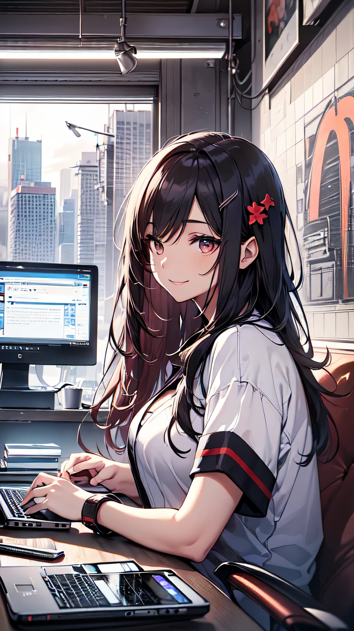 最high quality、Best image quality、masterpiece、girl((20-year-old、 By becoming、Best Bust、Medium Bust,Wide open breast tea、red glowing eyes, Black and red hair、Disheveled Hair、Long Hair、thin,The highest valley、Black open-neck short-sleeved shirt(1:2)、Open chest、White wristband、smile、Leaning forward、hair ornaments、have a laptop、Side angle、Lointail)),high quality、Beautiful art、background((White computer room、Coffee cup、line of light、Whiteboard、graffiti))、Flight、Flying debris、Written boundary depth、movie、Visual Arts、Perfect art、8K,Genuine、