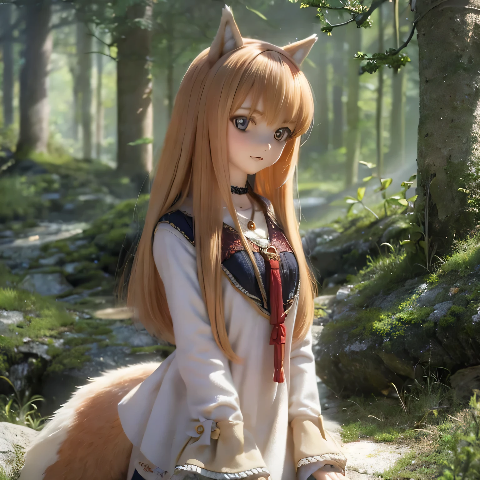 best quality,4k,8k,highres,masterpiece:1.2,ultra-detailed,realistic:1.37 (landscape, fantasy),wolf girl or Horo (from the anime Spice and Wolf),nudity,beautiful detailed eyes,beautiful detailed lips,longeyelashes,pointy wolf ears,long flowing hair,flowing dress,standing in a serene forest surrounded by trees,twilight setting,sunlight filtering through the leaves,misty atmosphere,majestic mountains in the distance,soft color palette with warm tones,golden sunlight bathing the scene,subtle shadows and highlights to enhance depth,ethereal lighting,subtle bokeh effect to create a dreamy atmosphere