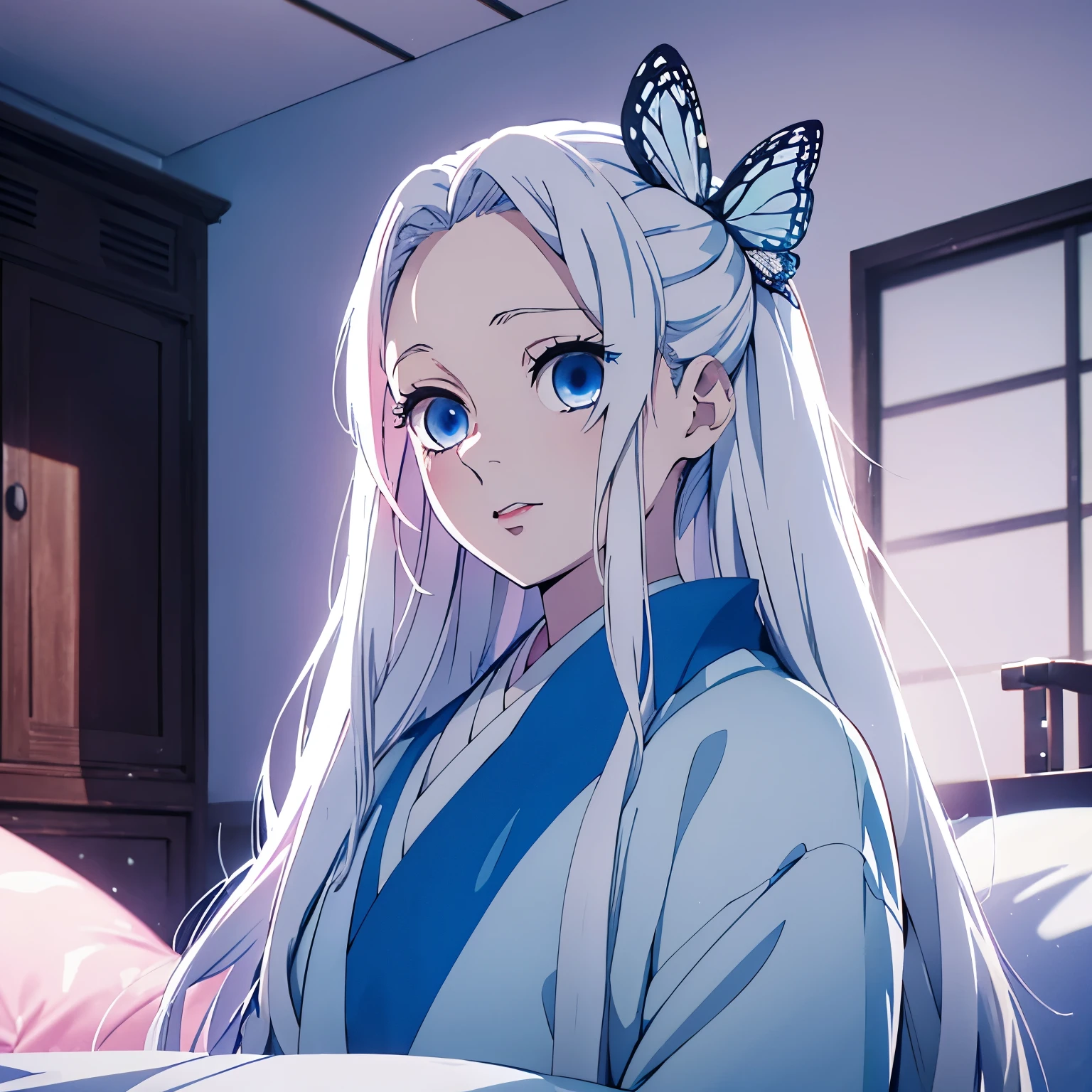 (1 girl, White long straight hair, blue eyes), pink kimono, white hair, smily eyes, room, face focus, (opened mouth), half-up, half-down hairstyle, one hair pin, one blue butterfly hair pin, japanese animation color style, vivid colors, from front, hospital room, day time,