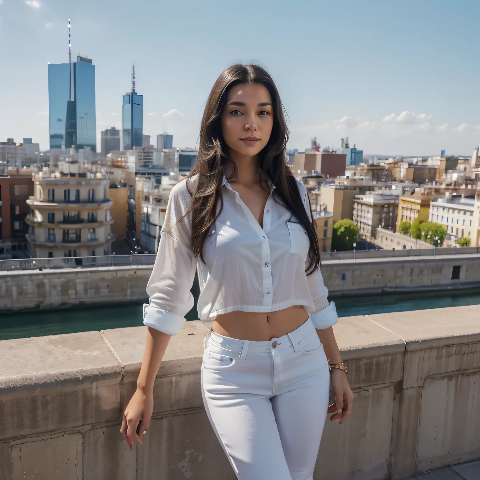 (Best quality, high resolution, ultra detailed: 1.2), HDR, vivid colors, beautiful brunette girl with long black hair, sexy, in a big luxury city, posing with her hands in her hair, on a bridge, tall buildings , stunning view, wears long white jeans, blue luxury shirt, modern tight fit, colorful summer clothes, cheerful expression, long loose hair, detailed face, blue eyes, carefree moments. Super detailed, high quality, Madrid city