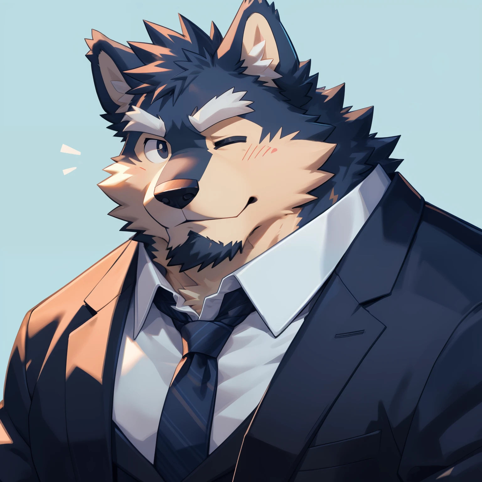 Scribble 德国牧羊dog face,Cute face,Humanity(dog),(Suit:1.3),Chubby,(white eyebrows:1.1),(With one eye closed:1.2),(perfect black eyes),Simple background, Blue Background,print style。(Artist:Takemoto Arashi)