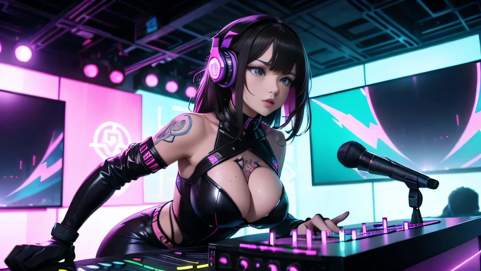 A brunette woman, exuding unlimited energy and passion, serves as the intensity personified centerpiece of this hyper-realistic, cyberpunk and psychedelic image. With neon wires adorning her vampire outfits, seamlessly integrated with modern DJ attire, she dons headphones and microphone with an extraordinary expression that leaves the crowd in awe. Her tattooed necklines and arms amplify the futuristic allure, and her sweat-drenched body glows under the colorful, neon lights of the epic futuristic stage. The DJ musical instruments are so sophisticated, their neon wires dancing wildly, adding a psychedelic impression that