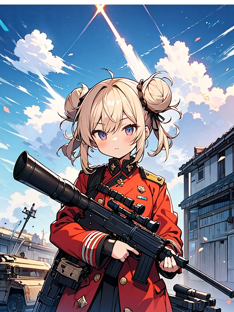 anime style,Ladylike shota,messy hair,double bun hair,huge bun,military uniforms, bazooka gun,