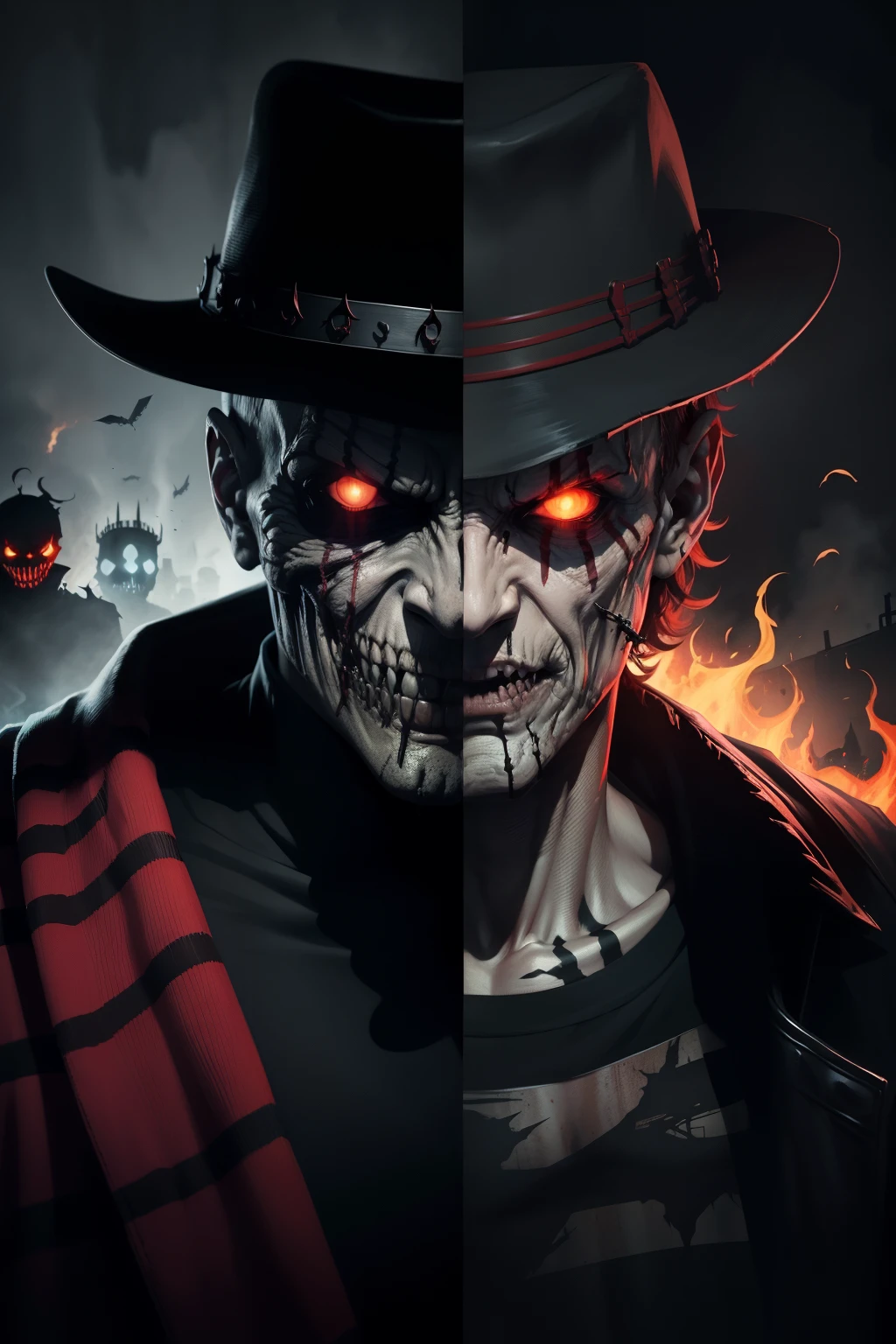 Title: A Triple Threat of Terror: Freddy Krueger, Hell's Clown, and Jason Voorhees Unleashed

[Split Screen 1]
In the left panel, the Skeleton King of Nightmares, Freddy Krueger, towers menacingly in the darkness. His burnt skin and sharp claws contrast starkly against the pitch-black backdrop. With a wicked grin spreading across his face, the infamous slasher wears a red and green striped sweater and a fedora, emanating an aura of pure evil. His bones protrude through his tattered clothing, making him appear even more terrifyingly