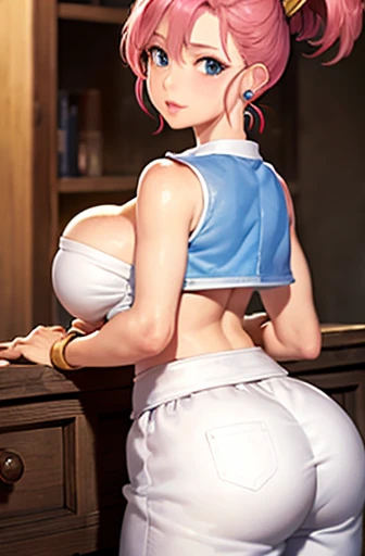 (masterpiece, highest quality:1.1), merchant (dq3), One girl, alone, From behind, short hair, ponytail, Pink Hair, blue eyes, big breasts, Cleavage, White Dress, Strapless Dress, (Blue Vest:1.1), red sash, White pants, jewelry, Earrings, bag,( Lean back, Close one eye, Pursed lips:1.1)