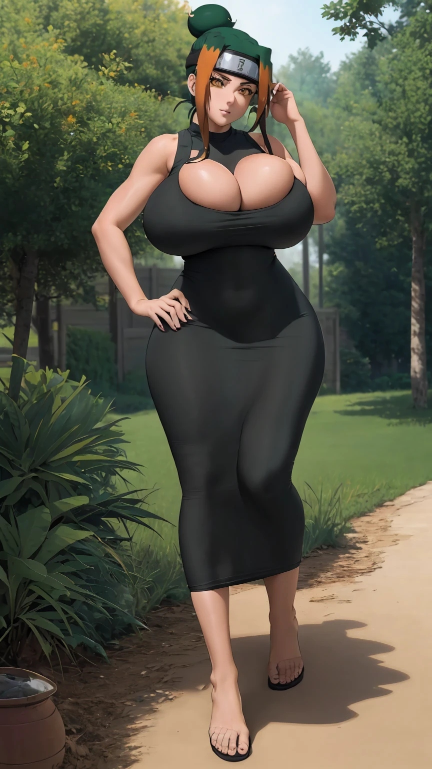 masterpiece, best quality, extremely detail 8k cg, high resolution, 1girl, pakura, green hair, orange eyes, slim body, huge breasts, bursting breasts, black tee shirt dress, sleeveless, cleavage, forhead protector, outdoors, garden, beautiful face, full shot photo, full body