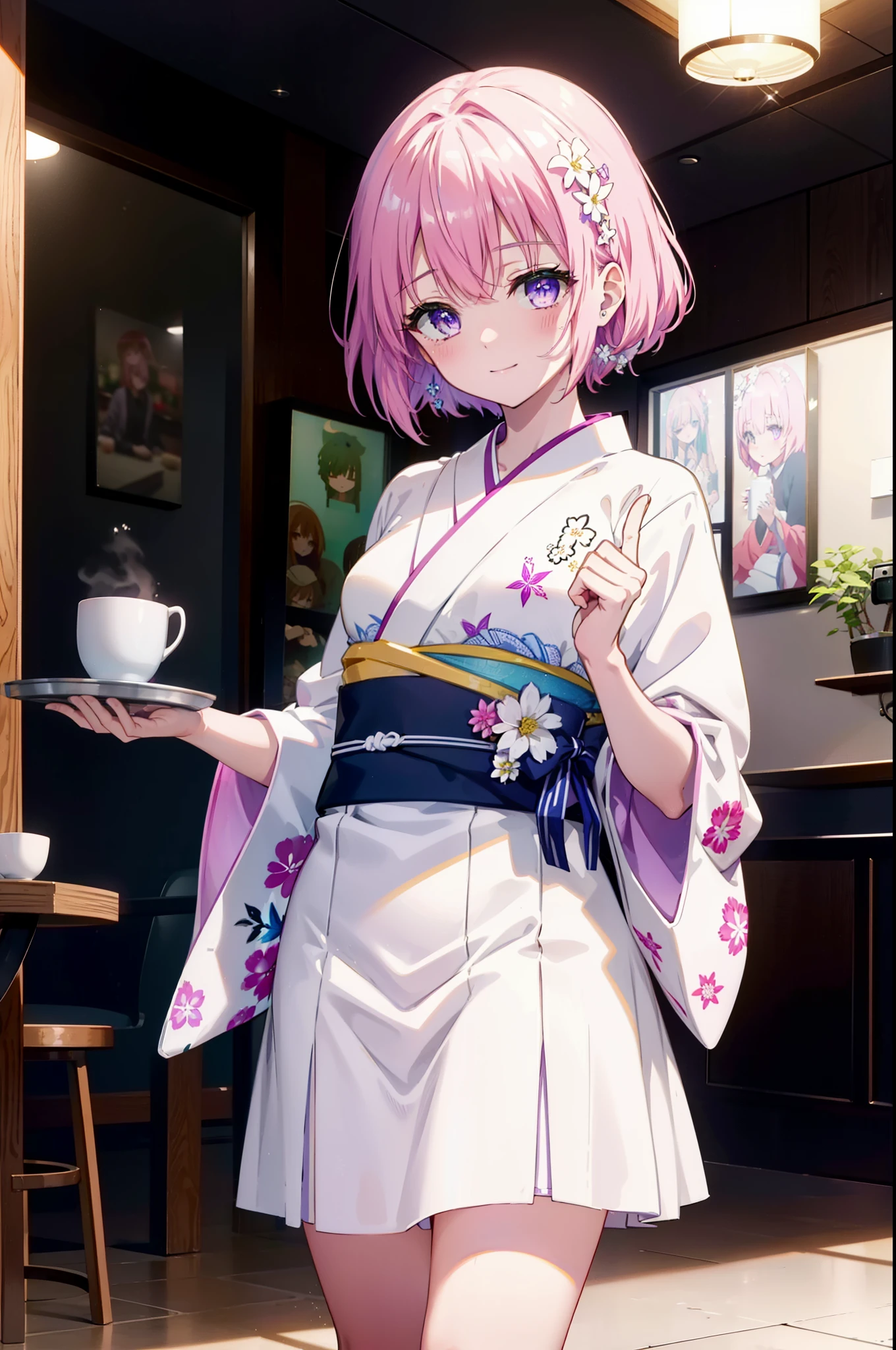 Momodeviluke, Deviluke type, demon tail, Hair Flowers, hair ornaments, (Purple eyes:1.1), Pink Hair, short hair, tail, smile,
break demon tail, Long Hair,happy smile, smile, Open your mouth,blush,Idol-style white kimono,long furisode,White Mini Skirt,White tights,Zori sandals,tray, tray in one hand,A beautiful waitress with Long Hair comes to the table to take our order,As if your whole body is in the illustration,Daytime,Clear skies,
break looking at viewer, (Cowboy Shot:1. 5)
break indoors, coffee shop, 
break (masterpiece:1.2), highest quality, High resolution, unity 8k wallpaper, (figure:0.8), (beautiful detailed eyes:1.6), extremely detailed face, Perfect lighting, extremely detailed CG, (Perfect hands, Perfect Anatomy),