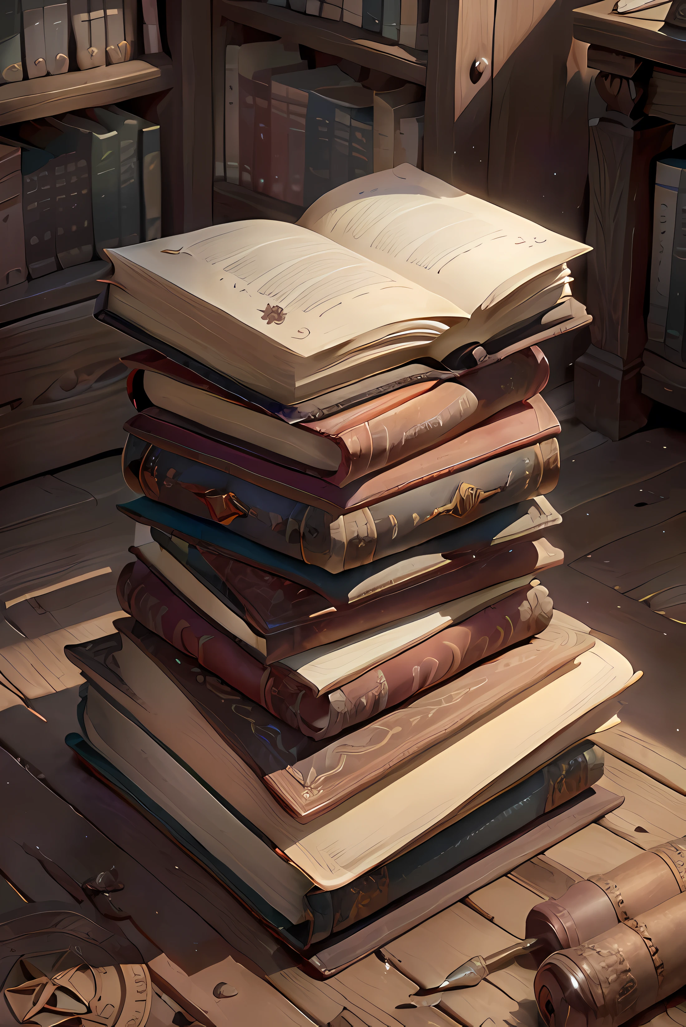 old library with a pedestal in the middle, vieux livre avec couverture en cuir marron, symbols written in the book, Sun Mamoré