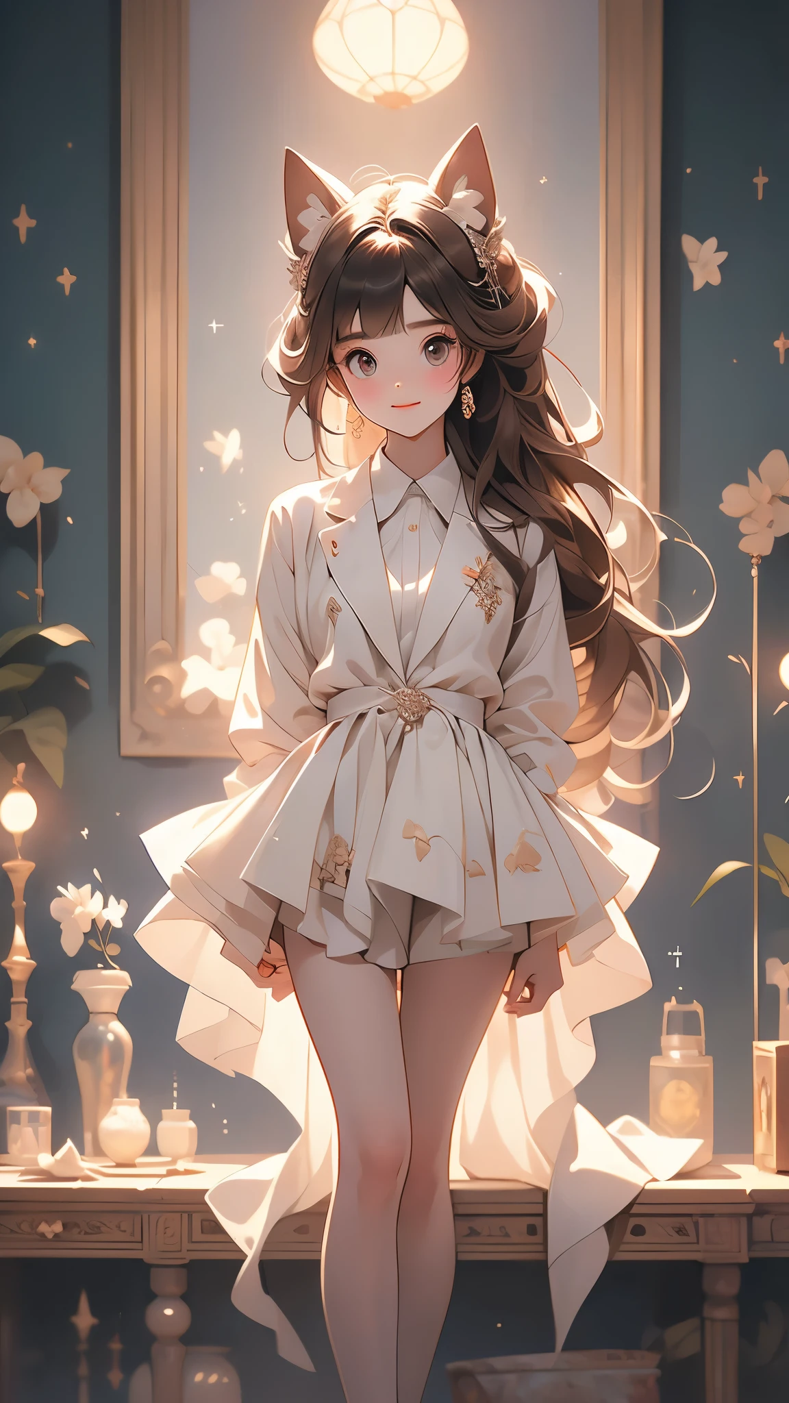 (Surreal)、(lamplight)、(A high resolution)、(8K)、(The content is very detailed)、(Best Best Illustration)、(beautidful eyes)、(quality)、(ultra - detailed)、(tmasterpiece)、(wall-)、(A detailed的the face)、solo、1 girl in、looking at viewert、Fine and detailed、A detailed的the face、In the darkness of the night、Depth shadows、low pitch、purebred face_v1、A smile、long、Black shawl straight hair、46 points oblique bangs,female student、(Brightly colored mini skirt,What about the lattice)、A smile, actual, realistically, hight contrast, photon maping, Authentic images, super detailing, low angles: 1.5, 1 girl, Alone: 1.5, pop star, Kaibo idol, dress up like k-pop, sexy for, Open your legs forward, Fancy makeup, blazer jacket: 1.3, short skirt: 1.3,, high-heels, M-shaped open legs: 1.3, Open your legs 180 degrees, with an open crotch: 1.3, long brown hair, wet white: 1.5, You can see it from under the skirt: 1.3, Height 170 cm,ctextured skin