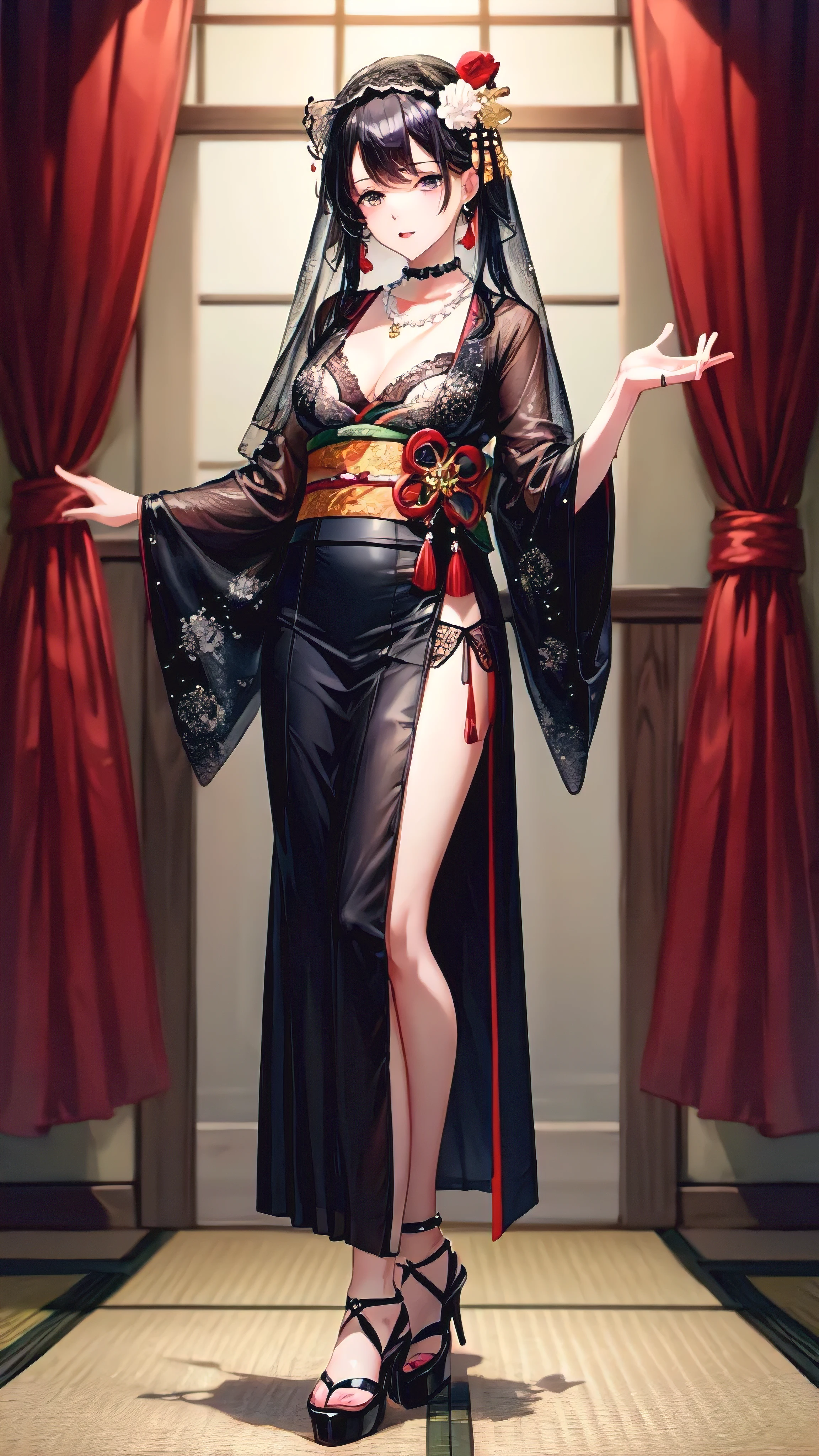 looking at the viewer ,See-Through ,Black face veil , black nylon , silk stockings ,See-through hakama 、Transparent black kimono ,sheer lingerie, enamel high heels, pearl necklace, red collar, straight, shortcut, hair ornaments, kimono , taishou