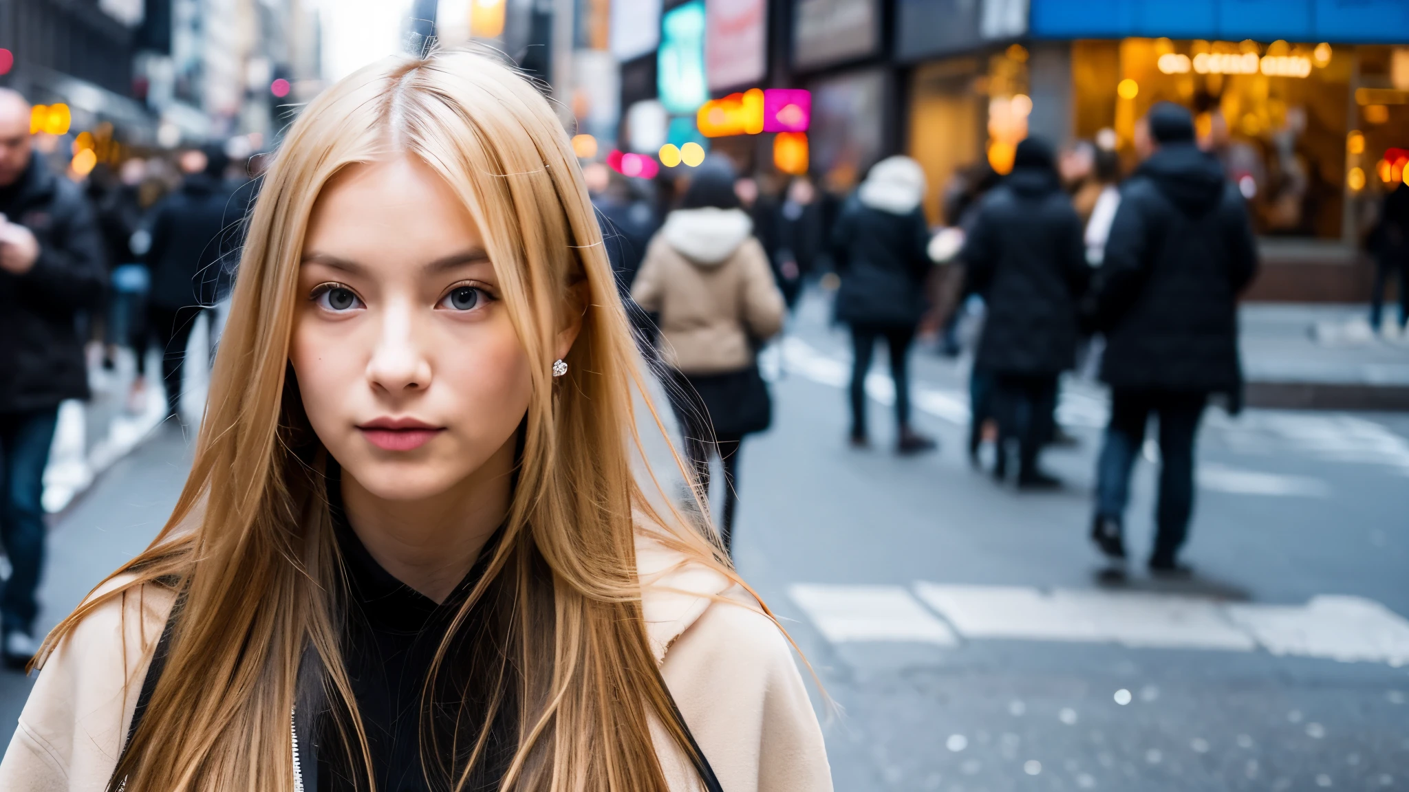 blonde oriental girl with long hair blue eyes on the street of new york