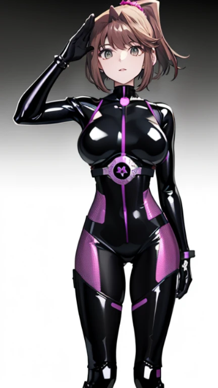 1 girl,Browsing Caution,  Kyoko Masaki,(Yu-Gi-Oh),Anzudef,short hair, brown hair, hair ornaments, high ponytail, ponytail,Huge breasts, clavicle, Glowing purple eyes,Absurd, brainwashing,Hollow Eyes, ((Expressionless,Emotional erasure)), (black latex tight bodysuit),avert your eyes , Full body portrait,((stand up, salute)), (highest quality、4K、8k、High resolution、must have:1.2)、Very detailed、(reality、reality的なです、reality的な:1.37)、Ticker、Hyper HD、Studio Lighting、Ultra-detailed Paint、Sharp focus、physically based rendering、Extreme Detail、Professional specifications、vibrancy and color、Blurred、Sports portrait、landscape、horror style、anime big breasts、SF、photograph、Concept Artist、Five Fingers, Perfect body,  {{{masterpiece}}}, {{{highest quality}}}, {{Very detailed}}, {shape}, {{Very delicate and beautiful}},Improved cost performance、All Roles、Canon 5D MK4でphotograph、photograph, 