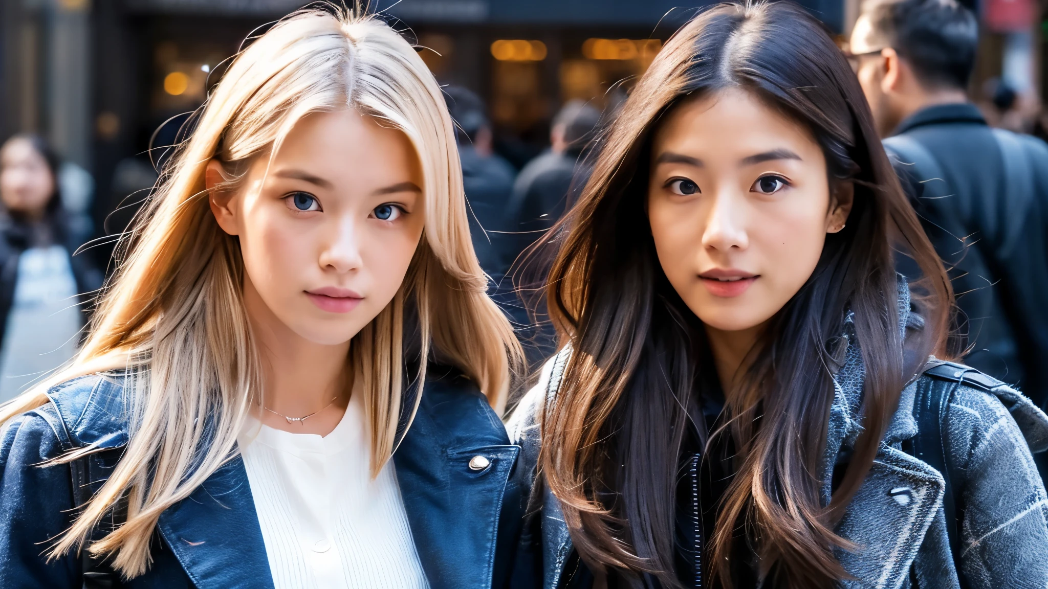 blonde oriental girl with long hair blue eyes on the street of new york