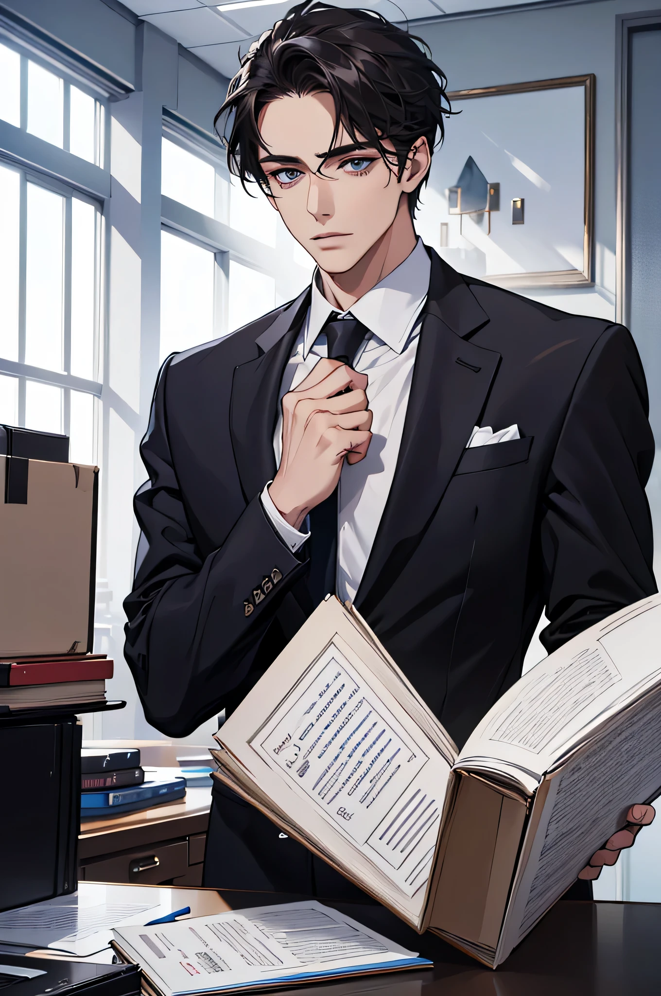 (absurdres, highres, ultra detailed), 1 male, adult, handsome, finely detailed eyes and detailed face, ceo, office, corporate outfit