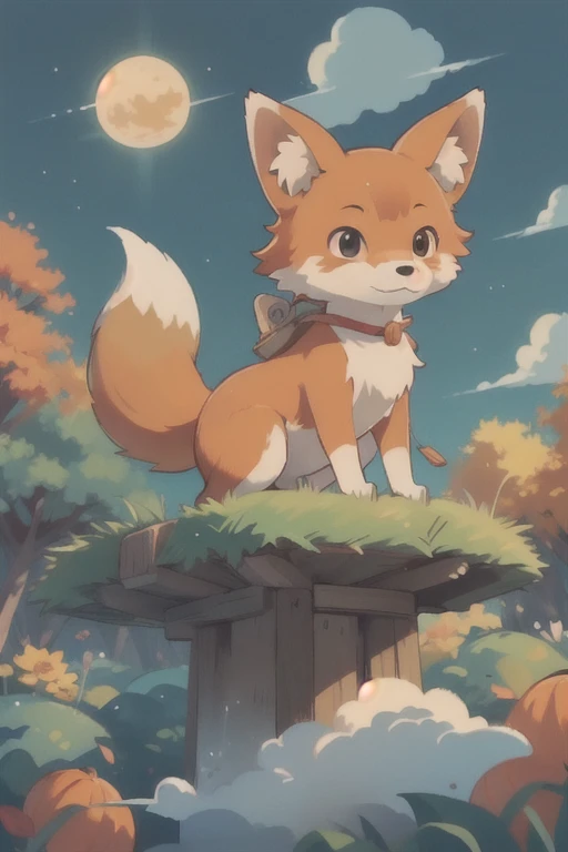 Turn into a fox、Change it into a cute fox、Write in Ghibli style、autumn scenery、evening、Make it more weightless