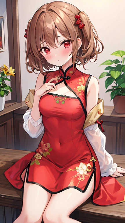 ((4K, masterpiece, highest quality)), One Girl, Light brown SHRT hair, Red eyes, center parted hair, Medium chest, cute, blush, China dress