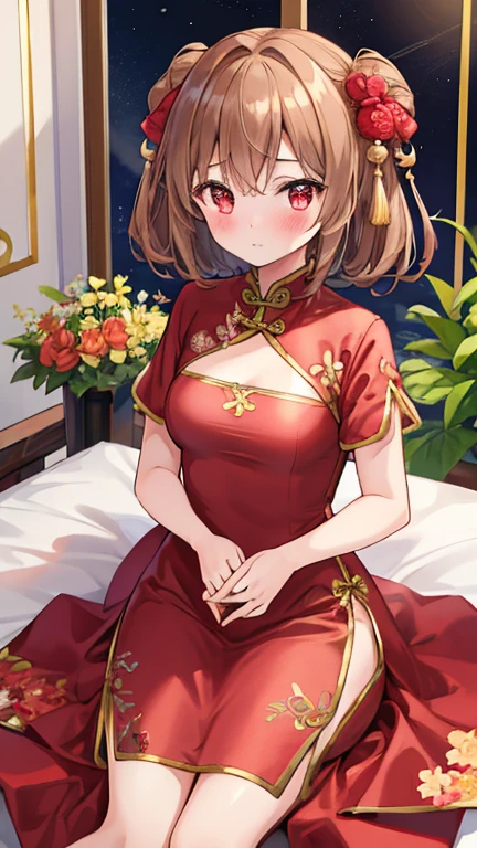 ((4K, masterpiece, highest quality)), One Girl, Light brown SHRT hair, Red eyes, center parted hair, Medium chest, cute, blush, China dress