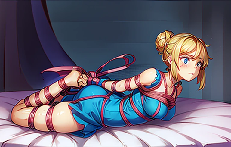 piperBS, 1girl, blonde hair, hair bun, blue dress, puffy sleeves, short sleeves, pink gloves, fingerless gloves, pink belt, shoes, blue footwear, cute and blushing 18 years old anime girl, look away because she is embarrassed and blushes, bright blue eyes, detailed face, detailed members, detailed arms, detailed hands, Girl lying, tied by ropes, shackled, can no longer move, tied tightly, very hard tied up with lots of ropes, hampered by so many ropes that she can no longer move, bound hands and feet, ropes tie his whole body, tied extremely tightly and forcefully to her bed by a lot of ropes, its limbs are strongly tied together by ropes, his torso is tied up with thick cords, her chest is so tied up with ropes that it sticks out, her legs are tied tightly with thick ropes, his hands are tied behind his back with ropes, she can no longer move her feet, her hands which are tied by thick ropes, she desperately tries to free herself, likes to be tied tight with big ropes, likes to be immobilized by big ropes, lying down, his hands and feet are strongly tied to the railing of his bed, his legs are pressed together and tied with ropes, its limbs are held vigorously by imposing ropes, her hands are tied securely behind her back by ropes, her chest is compressed by strong ropes, she is pressed against her bed and restrained by large ropes, (shibari, arms behind the back:1.4), (hands on the back), (masterpiece, best quality) 1.5, 1girl, solo, (sexy, beautiful woman, perfect face, perfect eyes, perfect hands), samus aran, (hands on the back), Spread the legs, s&#39; ((lie in bed by big ropes)), ((close up of the girl)), ((((lie in bed)))), ((((arms tied behind the back, Legs Tied,La fille est allongée sur le ventre, La fille est allongée sur le sol:1.5)))), ((((girl seen from behind:1.4)))), ((((girl lying down on her stomach:1.4)))), ((((Outstretched arms:1.5)))), ((((Detailed hands:1.5))))