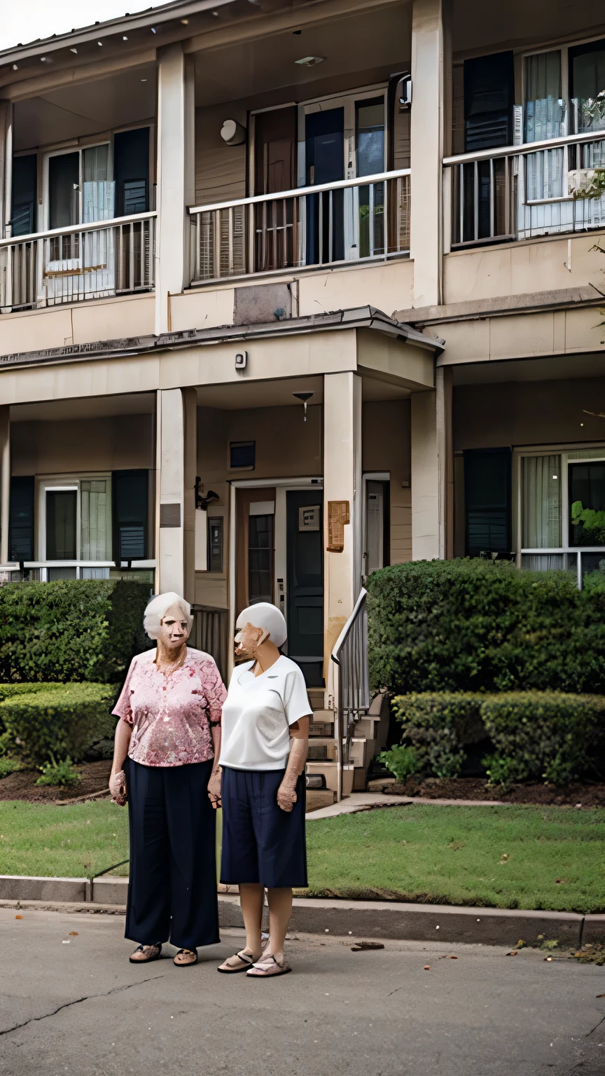 old retirement home, residents standing outside, peaceful 