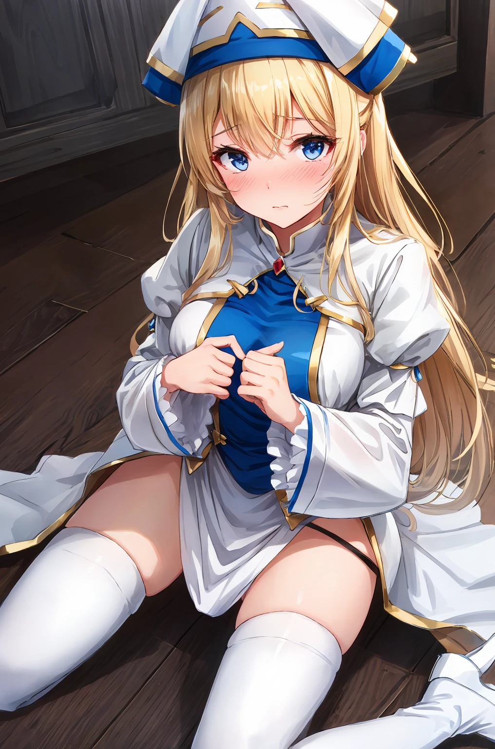 priestess, blonde hair, blue eyes, long hair, hair between eyes,upper body,sitting,(knees to chest,spread legs),(white panty,panty shot),(cameltoe),(blush,embarrassed),
boots, dress, frilled sleeves, frills, hat, white headwear, pelvic curtain, high heels, robe, thigh boots, thighhighs, white thighhighs, long sleeves, puffy sleeves,top-quality,Top image quality,perfect anatomy,masterpiece,ultra-detailliert,Beautiful,ultra-quality, best quality,high resolution, ultra-detailed,game cg,dutch angle ,beautiful detailed eyes,visualart,five fingers, perfect hands, perfect lighting,