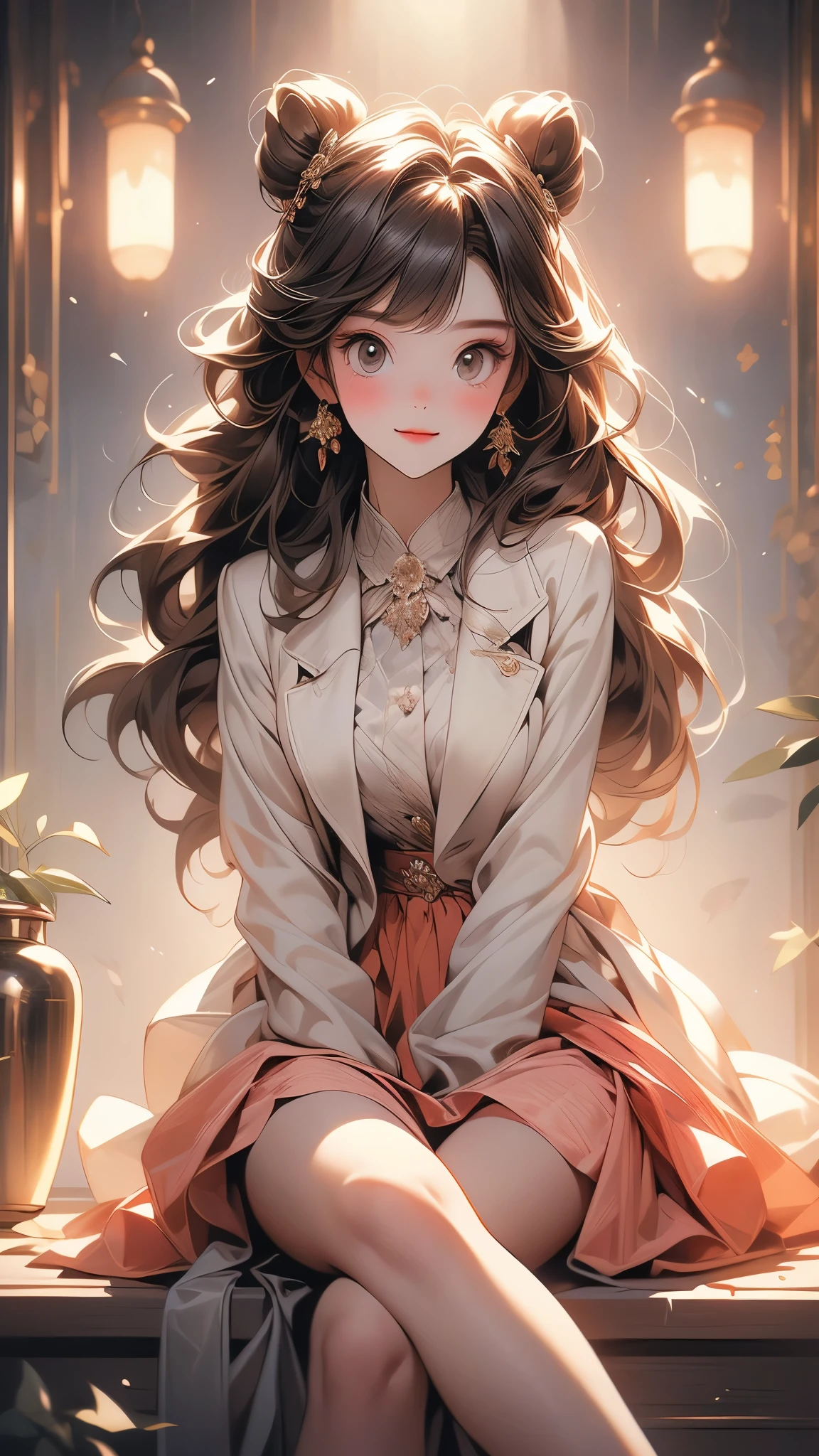(Surreal)、(lamplight)、(A high resolution)、(8K)、(The content is very detailed)、(Best Best Illustration)、(beautidful eyes)、(quality)、(ultra - detailed)、(tmasterpiece)、(wall-）、（A detailed的the face）、solo、1 girl in、looking at viewert、Fine and detailed、A detailed的the face、In the darkness of the night、Depth shadows、low pitch、purebred face_v1、A smile、long、Black shawl straight hair、46 points oblique bangs,female student、(Brightly colored mini skirt,What about the lattice)、A smile, actual, realistically, hight contrast, photon maping, Authentic images, super detailing, low angles: 1.5, 1 girl, Alone: 1.5, pop star, Kaibo idol, dress up like k-pop, sexy for, Open your legs forward, Fancy makeup, blazer jacket: 1.3, short skirt: 1.3,, high-heels, M-shaped open legs: 1.3, Open your legs 180 degrees, with an open crotch: 1.3, long brown hair, wet white: 1.5, You can see it from under the skirt: 1.3, Height 170 cm,ctextured skin