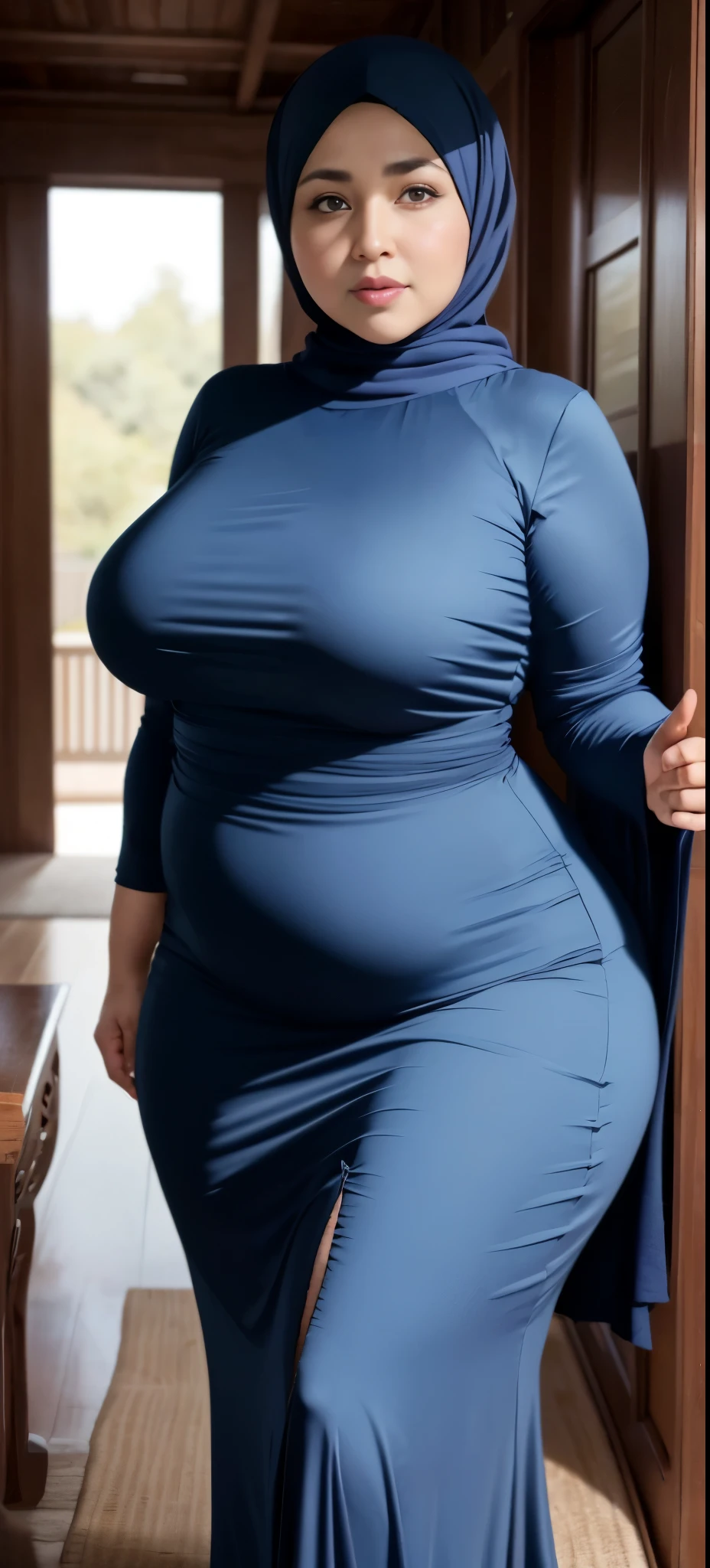 Chubby woman with fat belly and tight thighs, full body, 50-year-old mature woman, thick hips, thick neck, thick chest, big eyes, wearing a longest dress, wearing a hijab, hijabi woman, naked, nude