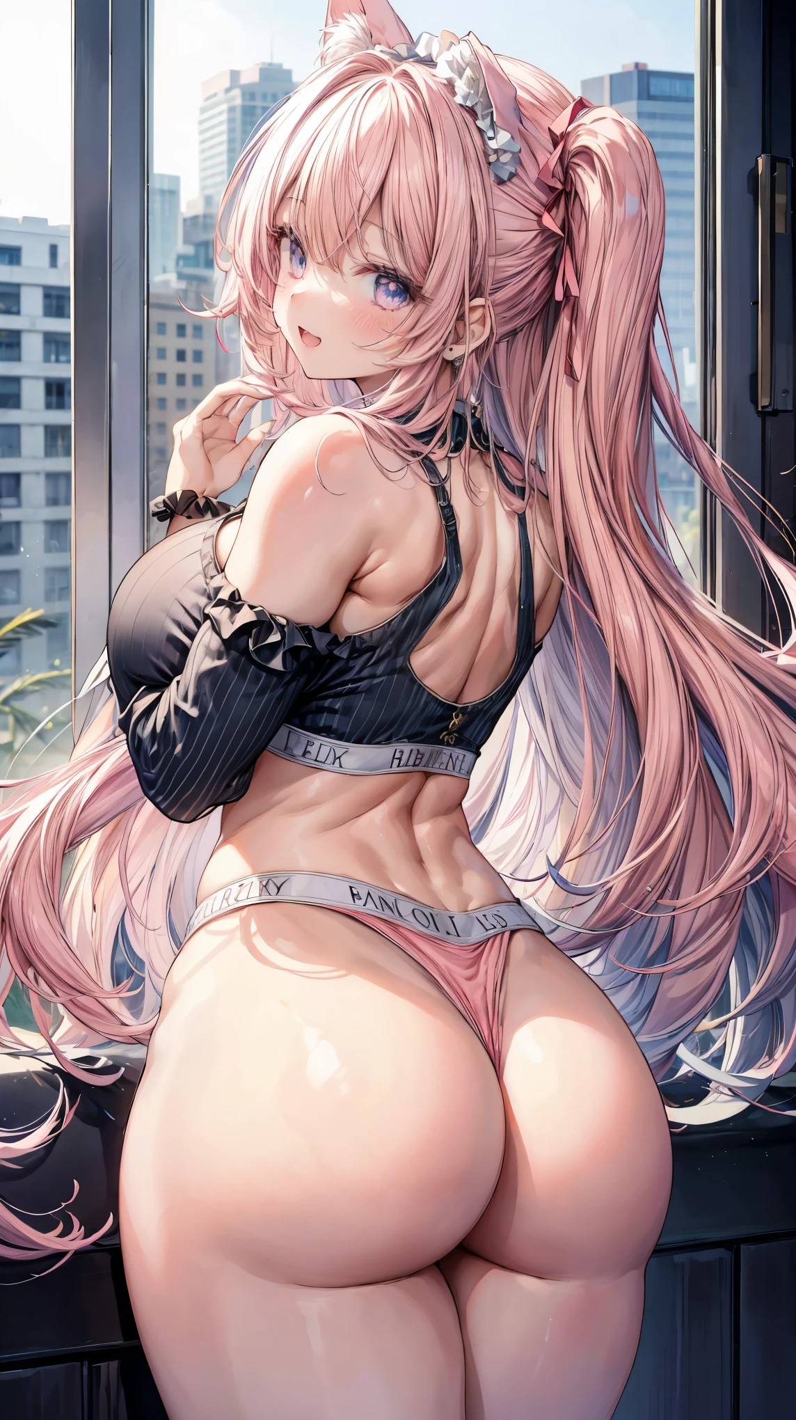 Super detailed、highest quality、Best image quality、masterpiece、8K、Anime Face、A kind smile、Open Mouth、Sparkling Blue Eyes、Long blonde curly hair、Cat ears grow、Wearing a frilly headband、(SFW huge body)、(((Rear view)))、Cowboy Shot、(Wearing a pink thong:1.5)、Muscles of the whole body、Her hands are on her hips, emphasizing her buttocks