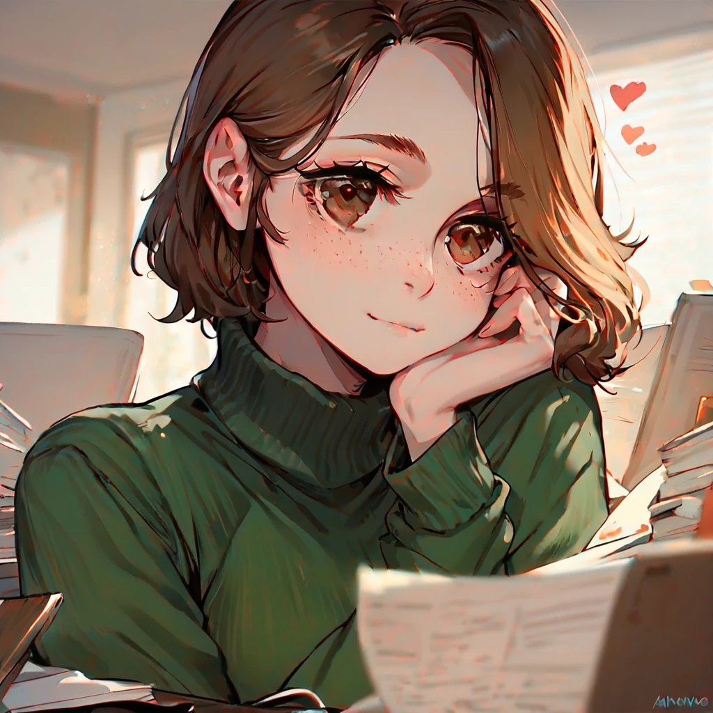 score_9, score_8_up, score_7_up,  1girl, solo, expressive, hearts, dynamic, brown hair, brown eyes, pale skin girl, pale skin, freckles, green turtleneck, cozy, blush, in_office, looking_longingly, seductive, sexy_woman, cuddling giant dick  