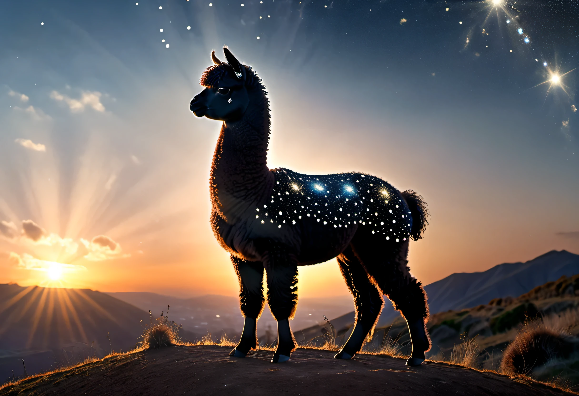 high details, best quality, 16k, [ultra detailed], masterpiece, best quality, a picture of an alpaca standing on a hilltop at sunset, the alpaca body is dark and black and filled with stars ladyshadow, you can see the sun setting behind the alpaca, 