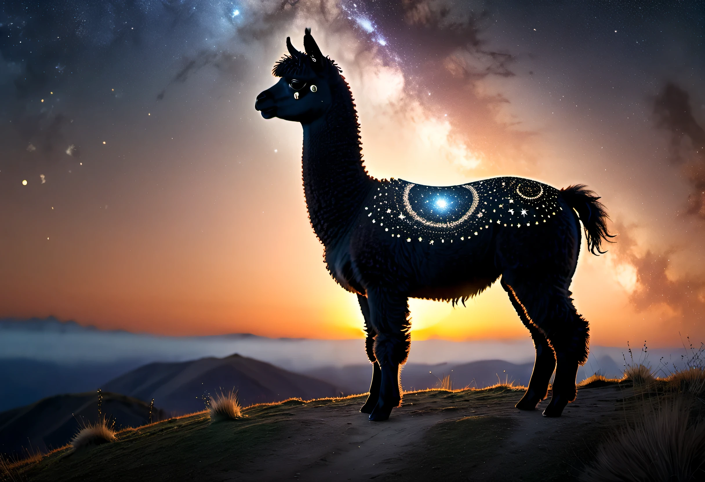 high details, best quality, 16k, [ultra detailed], masterpiece, best quality, a picture of an alpaca standing on a hilltop at sunset, the alpaca body is dark and black and filled with stars ladyshadow, you can see the sun setting behind the alpaca, 