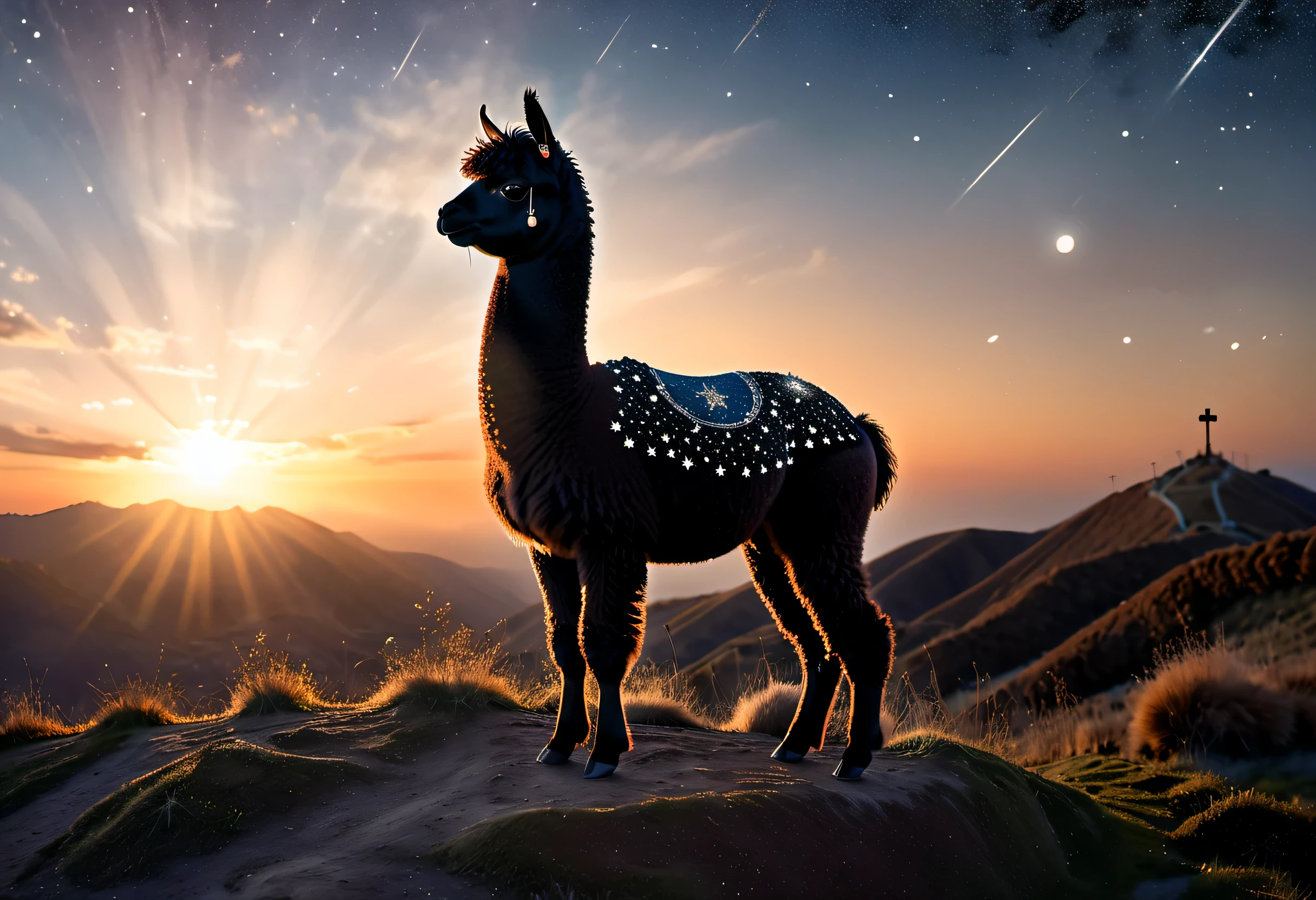 high details, best quality, 16k, [ultra detailed], masterpiece, best quality, a picture of an alpaca standing on a hilltop at sunset, the alpaca body is dark and black and filled with stars ladyshadow, you can see the sun setting behind the alpaca, 