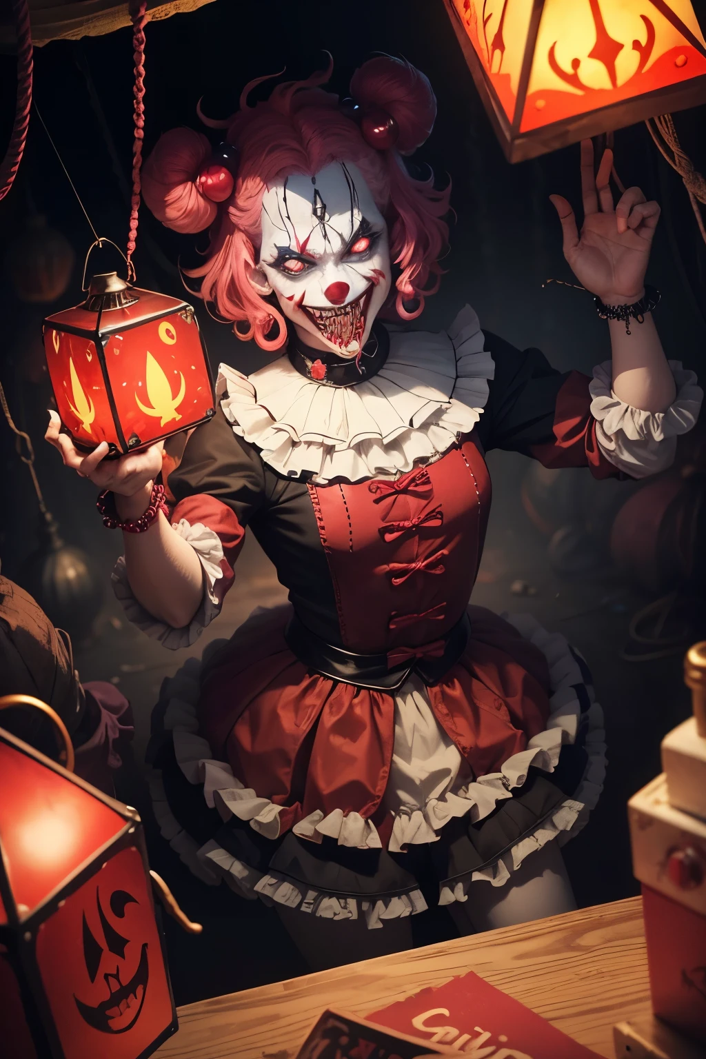"The clown is grotesque,Spooky image,Disturbing and mysterious characters,fancy dress with cleavage,The face is hideous,Unique makeup,flashing lights,Pleated clothing,Exaggerated action,Bustling stage background,Confused atmosphere。"