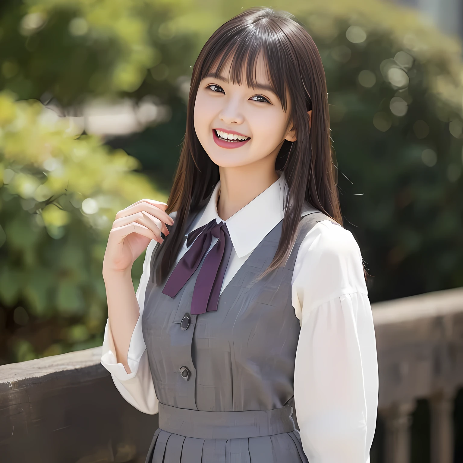(highest quality、masterpiece:1.2)、highest quality、Realistic、photograph、High resolution、1080p、8K、The face is especially pale., Physical Rendering、((Height: 158cm)), one Japanese girl、((((((A 15-year-old beautiful Japanese fashion model succubus)))))), school summer uniform, ((((((She is a beautiful Japanese fashion model who is trying to captivate and dominate viewers with her beauty.)))))), (((big very detailed beautiful dark brown eyes))), ((plain dark blue girly large wine-red glossy polyester Japanese school ribbon bow tie)), (((black very beautiful and very very long braids or very very long hair))), ((((cute gray box-pleated skirt)))), ((A gray school vest)), ((ivory blouse with puffed sleeves)), (((((((laughing at me!))))))), Mouth open, detailed fingers, ((curled bangs)), Very beautiful succubus, ((Very large and very very very cute eyes of a Japanese girl, drawn with great care and attention to detail.)), double eyelids, Thin eyebrows, ((drooping eyes)), (((very long eyelashes))), ((cute lovely lovely laughing laughing cheeks)), ((Pure white light hits her face from above and in the front, making her skin and eyes shine beautifully.)), ((Strong light hits the nose and cheeks、It brings out the richness of the expression.)), (((((Her facial features are very expressive lovely smile, very very pure, very very intelligent.))))), ((tilting one's head))