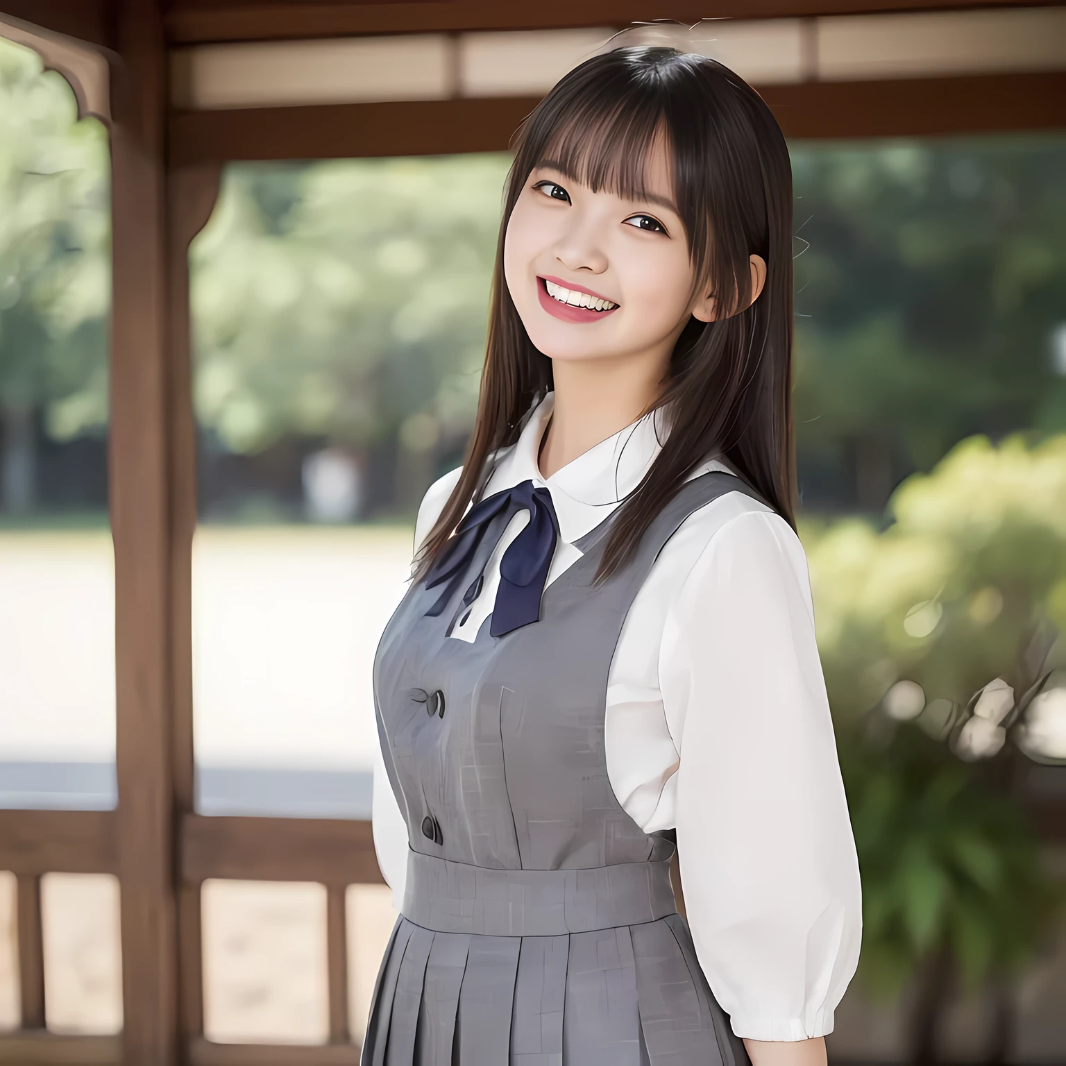 (highest quality、masterpiece:1.2)、highest quality、Realistic、photograph、High resolution、1080p、8K、The face is especially pale., Physical Rendering、((Height: 158cm)), one Japanese girl、((((((A 15-year-old beautiful Japanese fashion model succubus)))))), school summer uniform, ((((((She is a beautiful Japanese fashion model who is trying to captivate and dominate viewers with her beauty.)))))), (((big very detailed beautiful dark brown eyes))), ((plain dark blue girly large wine-red glossy polyester Japanese school ribbon bow tie)), (((black very beautiful and very very long braids or very very long hair))), ((((cute gray box-pleated skirt)))), ((A gray school vest)), ((ivory blouse with puffed sleeves)), (((((((laughing at me!))))))), Mouth open, detailed fingers, ((curled bangs)), Very beautiful succubus, ((Very large and very very very cute eyes of a Japanese girl, drawn with great care and attention to detail.)), double eyelids, Thin eyebrows, ((drooping eyes)), (((very long eyelashes))), ((cute lovely lovely laughing laughing cheeks)), ((Pure white light hits her face from above and in the front, making her skin and eyes shine beautifully.)), ((Strong light hits the nose and cheeks、It brings out the richness of the expression.)), (((((Her facial features are very expressive lovely smile, very very pure, very very intelligent.))))), ((tilting one&#39;s head))