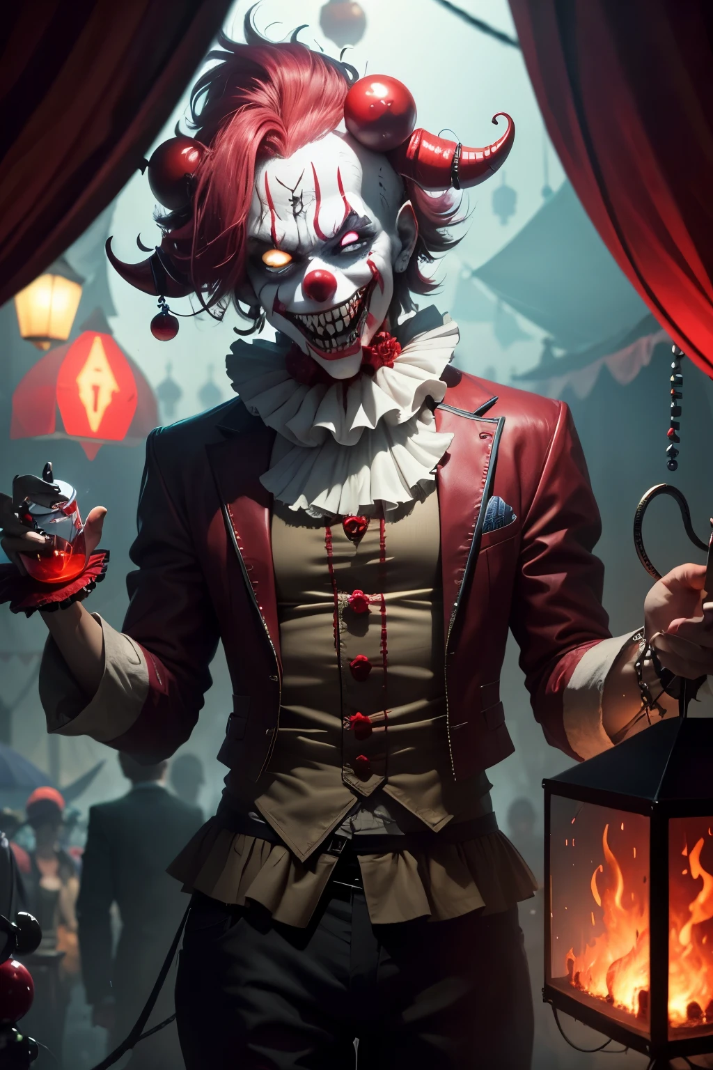 In the heart of a twisted carnival, a demon clown with glass beads for eyes and a malevolent grin lurks. He brandishes a red glass cube, an object of great power and sinister purpose. The cube hums with a faint, otherworldly energy, pulsating with the echoes of phantom souls.

Madness and delirium hang heavy in the air, mingling with the scent of popcorn and burnt cotton candy. The clown's cacophonous laughter reverberates through the tent, a chilling reminder of the horrors hidden within the depths of the carnival.

The demon clown's patch