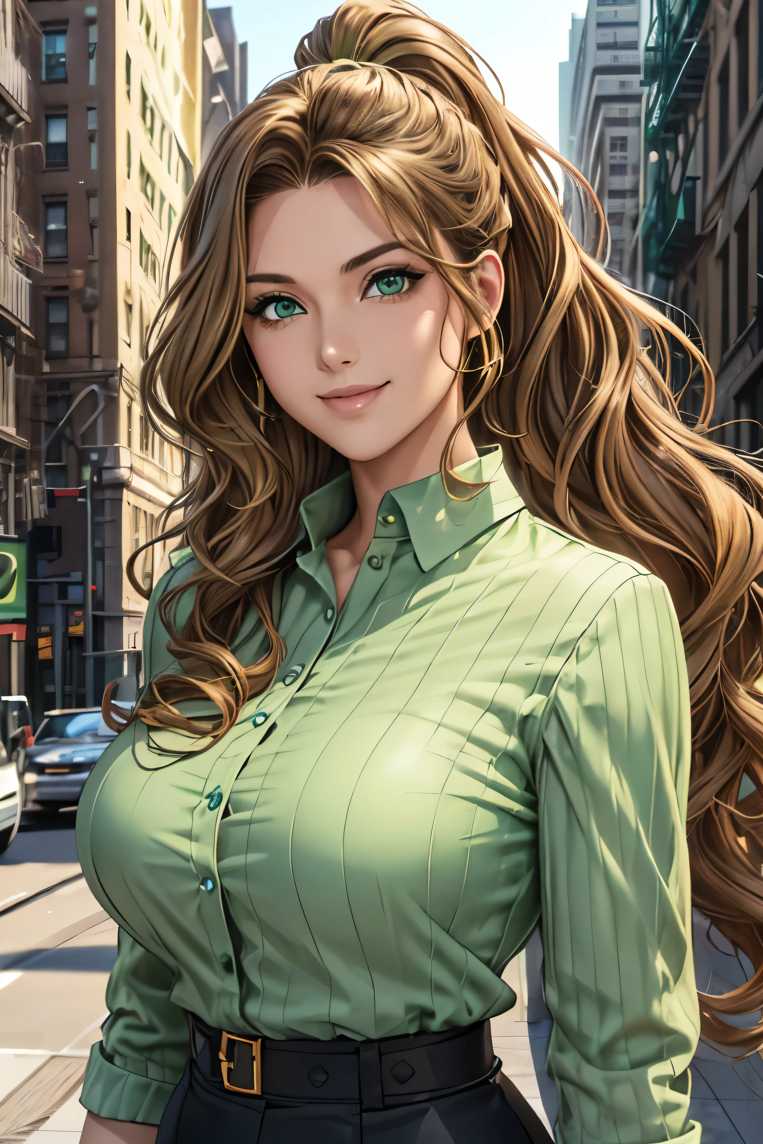 woman((30 years old)), hair((Wavy, golden brown)), eye((smart eye, green)), Clothes((new york fashion week, light green)), smile, Show your chest, ponytail, accessories,