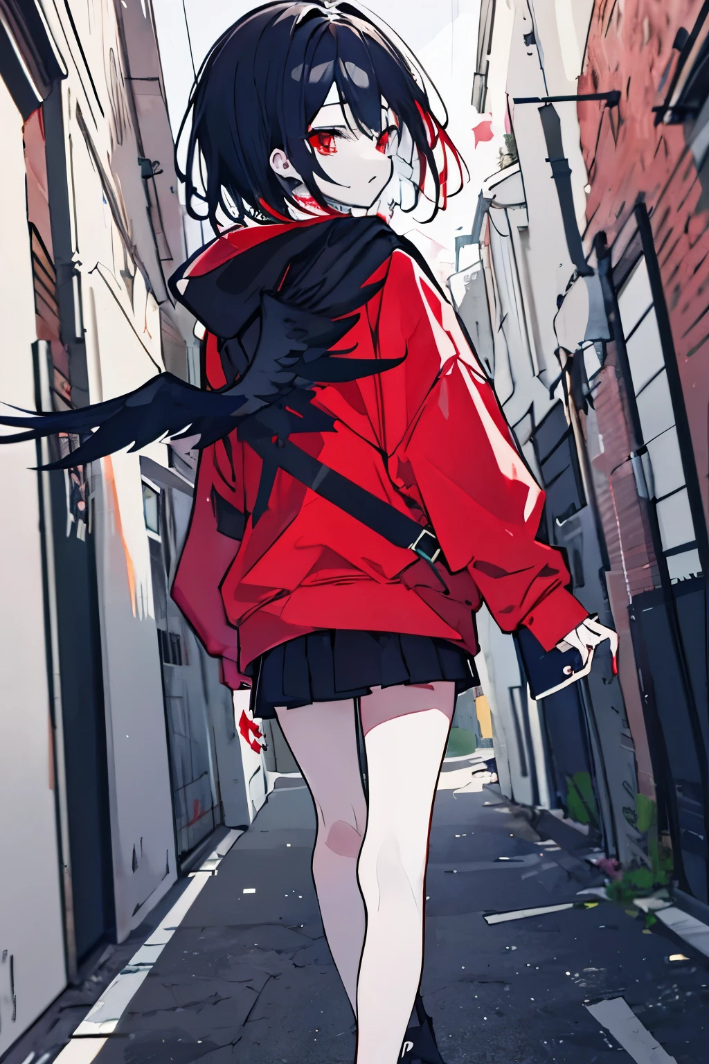 face fallen angel、Modern girl、nail((Red and Black)) Her hair color is black and red、Black hoodie、Standing in a back alley、