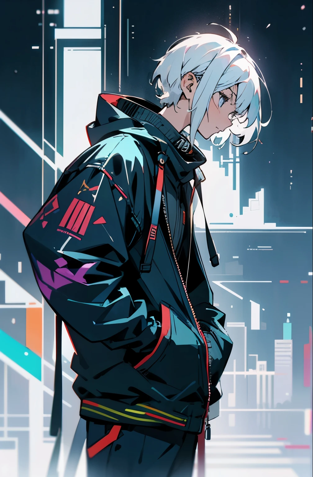 Boy, short hair, wearing cyberpunk hoodie, white hair, standing on top of a tall building where the whole city is visible, {clear},{definite},{intelligible},{unequivocal},{perceptible},{manifest},{limpid} {unmistakable},{noticeable},{unblurred},{itemized},{particularized; exhaustive},{thorough},{comprehensive},{detailed-face},{great-art},{amazing-art},{amazing-skill},{incredible-skill},{wonderful-art},{amazing-artwork},{fantastic-art},{incredible-graphics},{mind-blowing-creativity},{stunning-masterpiece}