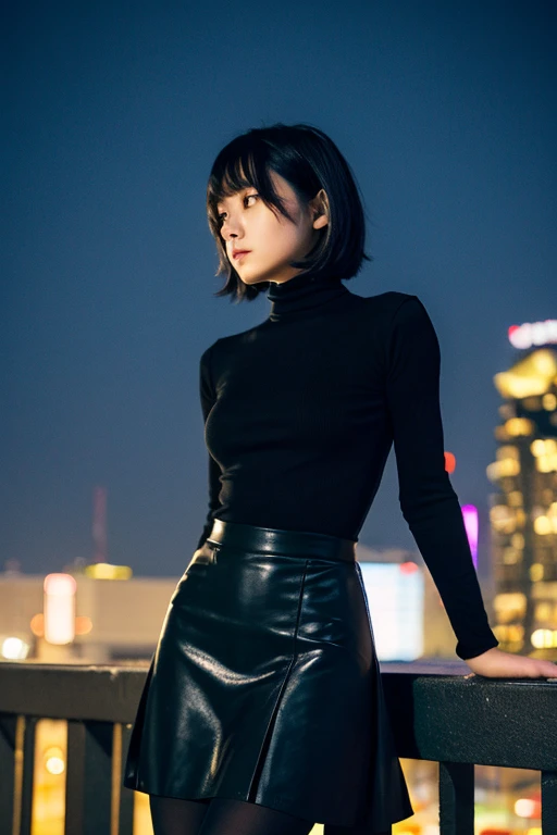 masterpiece,(highest quality:1.3),Ultra-high resolution,RAW Photos,Detailed skin,style: Realistic photos,One girl,Bob,whole body,profile,black tights,black high heels,black tight skirt,black turtleneck,Long sleeve,Black corde,night,Neon Town,nightの銀座,building