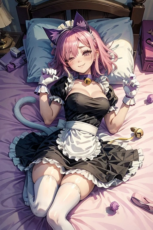 pinku_pawlette, cat_ears, cat_tail, pink_hair, purple_eyes, hair_over_one_eye maid, maid_uniform, maid_headdress, dress, paw_gloves, cat_paws, white_legwear, neck_bell, bell, shoes, lie in bed, smiling, blushing