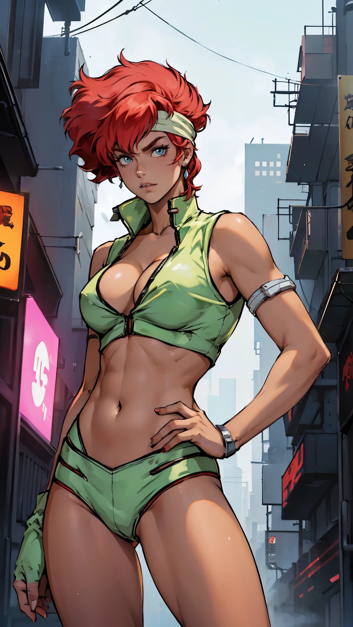 ((Masterpiece, highest quality; 1.3)), super quality, beautiful detail, super detailed, extra fine, 16K, exquisite, absurd, high resolution, beautiful background, detailed background, beautiful eyes, beautiful skin, anime style, Kay from Dirty Pair in a high white outfit, tight outfit, cleavage, bushy redhead beauty, white uniform, wearing tight clothes, skimpy, (mid chest: 1.2), cleavage, cleavage, , slim waist, slim thighs, thigh gap, showing stomach, skinny, thin hips, cyberpunk city background, retro space gun holding, green headband, emerald green headband