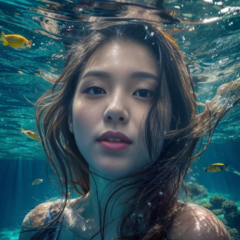 (best quality,4k,8k,highres,masterpiece:1.2),ultra-detailed,(realistic,photorealistic,photo-realistic:1.37),beautiful detailed eyes,beautiful detailed lips,extremely detailed eyes and face,complete underwater scene,picture of a beautiful Japanese woman,perfect body of a woman,scuba diving in the water,refraction of light in water,bikini,wet hair,sparkling water,underwater flora and fauna,serene expression,ray of sunlight piercing through the water,rippling water surface,splashes of water,deep blue color palette,subtle water ripples on skin,submerged rocks,floating air bubbles,ethereal and dreamy atmosphere,meticulous attention to details,graceful underwater movements,dynamic composition,soft underwater glow,tranquil and peaceful ambiance,harmonious blend of colors,contrast between the vibrant bikini and the serene underwater surroundings,dazzling visual impact,professional photography lighting techniques,clear visibility underwater,sunlit seabed in the distance