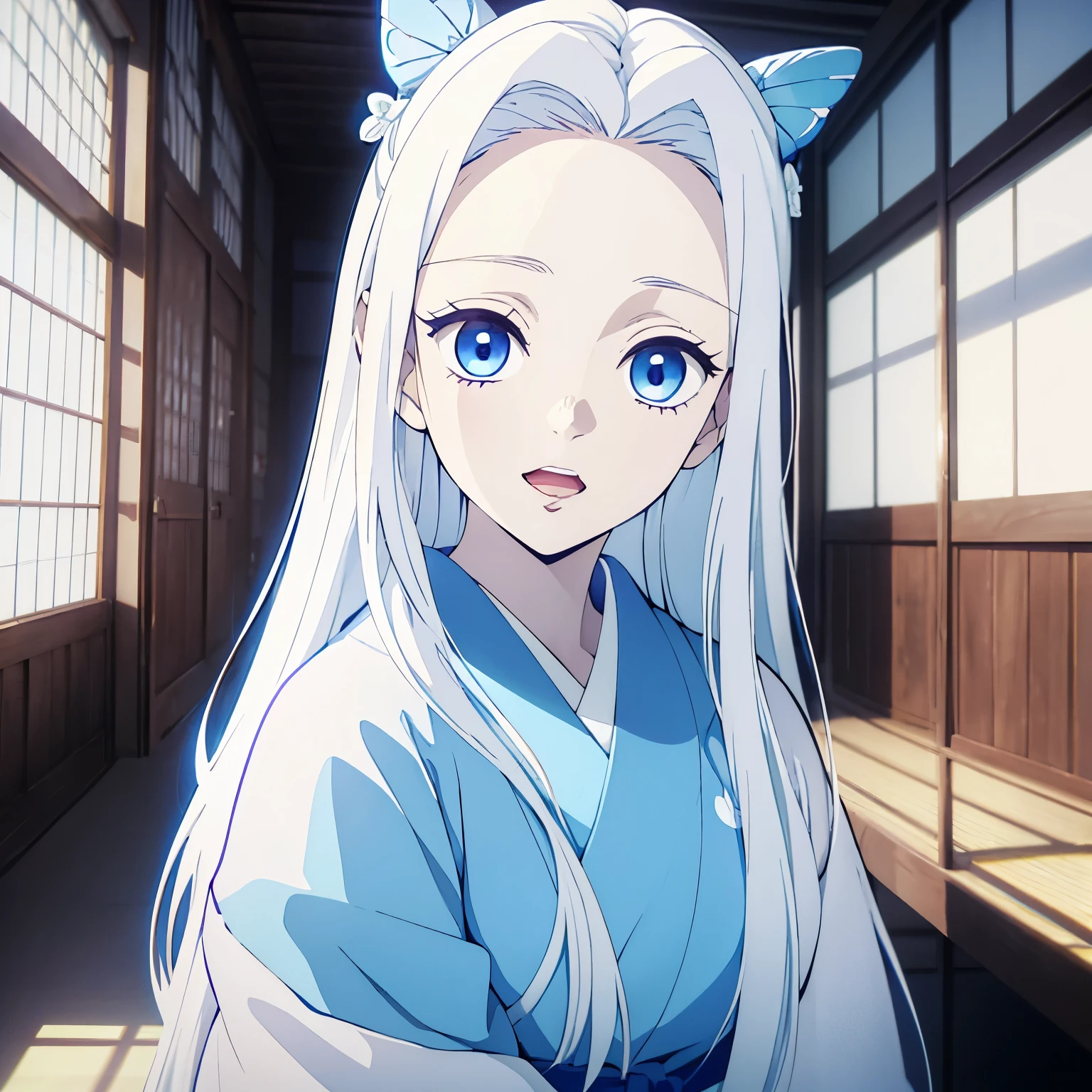 (1 girl, White long straight hair, blue eyes), kimono, white haori, white hair, smily eyes, room, face focus, (opened mouth), half-up, half-down hairstyle, one hair pin, one blue butterfly hair pin, japanese animation color style, vivid colors, from front, outdoor, day time,