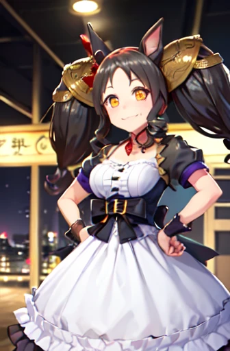 (masterpiece, highest quality:1.2),  Cowboy Shot, alone, One girl, Great Sunday \(umamusume\), smile, View your viewers, Hands on hips, Black Hair, Twin tails, hair ornaments, +_+, secondary outfit, Black ruffled dress