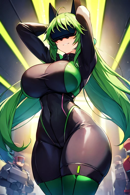 1girl, green hair, vr visors, visors, head-mounted display, ((covered eyes)), covered eyes, bodysuit, black bodysuit, science-fiction, machinery, futuristic, tech, neon, neon trim, large breasts, thick thighs, wide hips, swaying hips, hip sway, sway, arms behind back, arms up, smile,, anime screencap, ((anime screencap)), anime style, ((anime style)), 2d, bouncing breasts, ((bouncing breasts))