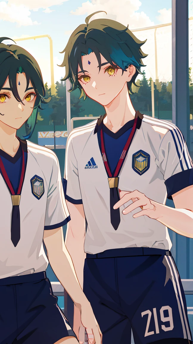 2 boys,dark green hair,highest quality,masterpiece,excessive,male focus,yellow eyes,beautiful eyes,beautiful boy,School,between men,Spouse,soccer club members,Blue soccer uniform,soccer,high school,soccer uniform,blue clothes,soccer court,teammate,same clothes,shoulder to shoulder,feminine,good friend,best image quality,