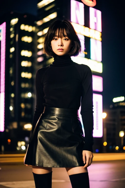 masterpiece,(highest quality:1.3),Ultra-high resolution,RAW Photos,Detailed skin,style: Realistic photos,One girl,Bob,Full body portrait,profile,black tights,black high heels,black tight skirt,black turtleneck,Long sleeve,Black corde,night,Neon Town,nightの銀座,building