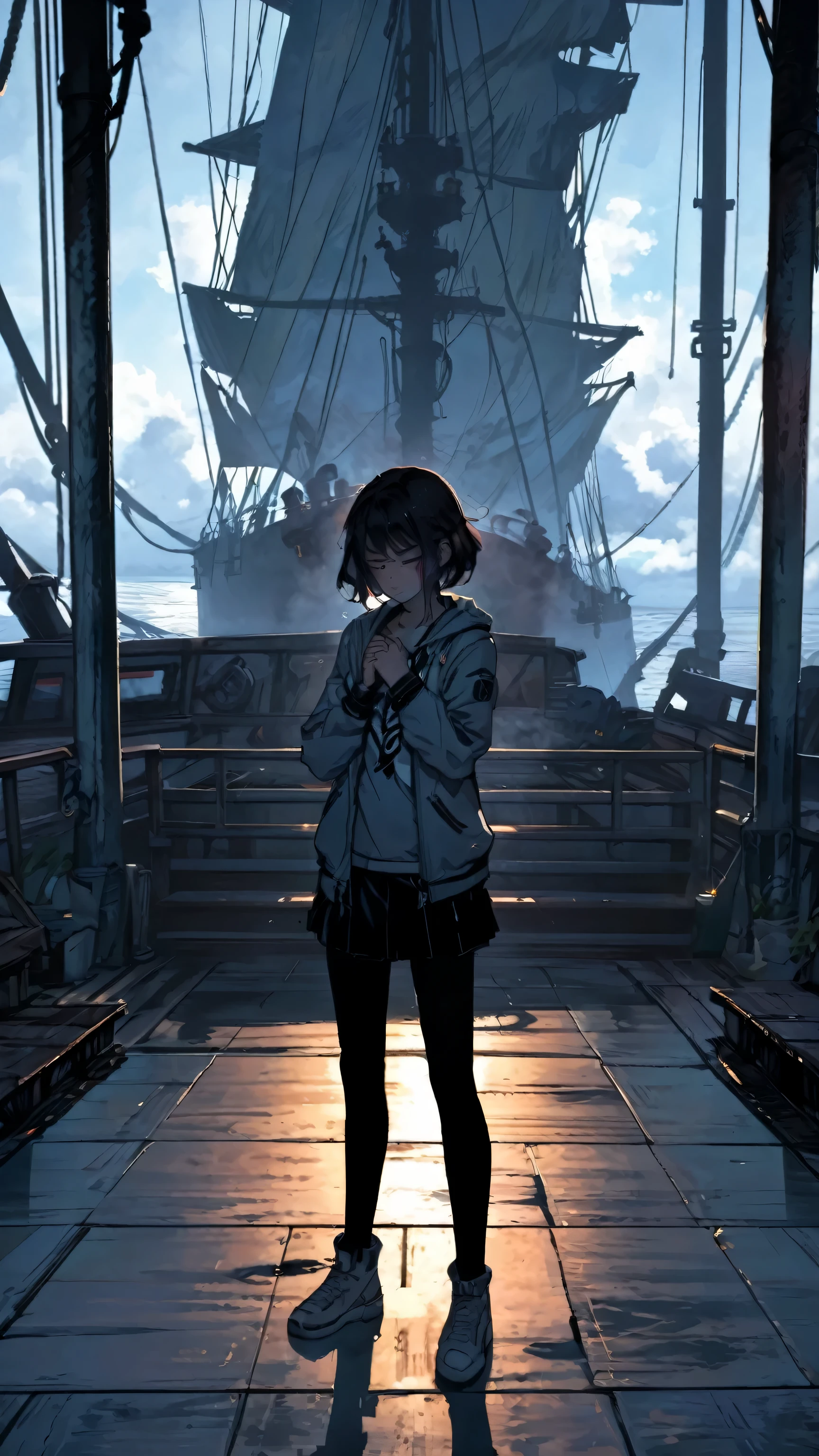 The protagonist stands alone on the deck, eyes closed and fists clenched. A calming aura surrounds them as they take a deep breath and refocus. Determination returns to their eyes.