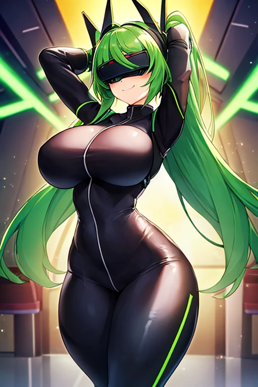 1girl, green hair, vr visors, visors, head-mounted display, ((covered eyes)), covered eyes, bodysuit, black bodysuit, science-fiction, machinery, futuristic, tech, neon, neon trim, large breasts, thick thighs, wide hips, swaying hips, hip sway, sway, arms behind back, arms up, smile,, anime screencap, ((anime screencap)), anime style, ((anime style)), 2d, bouncing breasts, ((bouncing breasts))